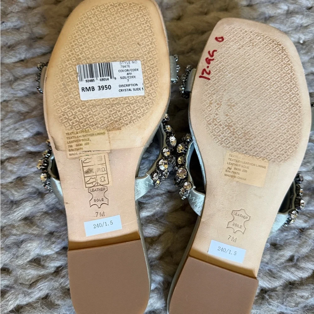 Tory Burch Crystal-Embellished Silver Quilted Slide Sandals - Women size 7